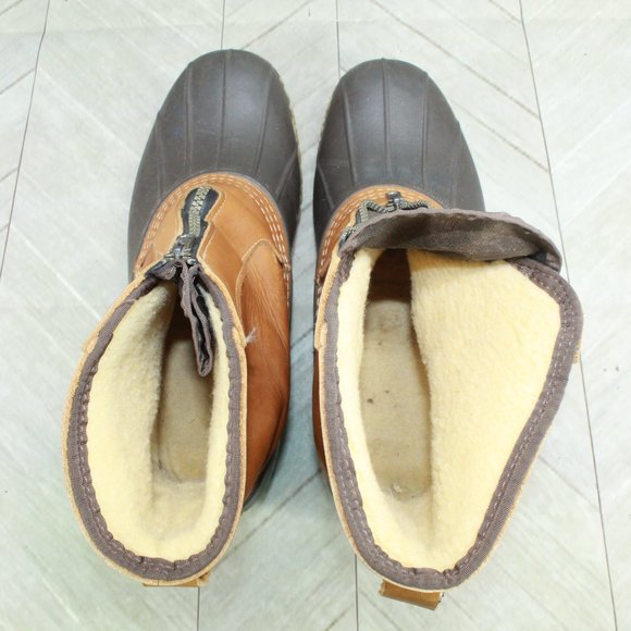 LL Bean Brown Leather Lounger Shearling Lined Front Zip Duck Boots Size 9 M - Picture 6 of 9
